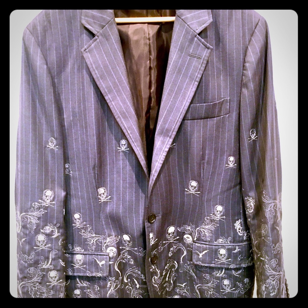 Men’s Pinstripe Blazer Embroidered Skull Detail